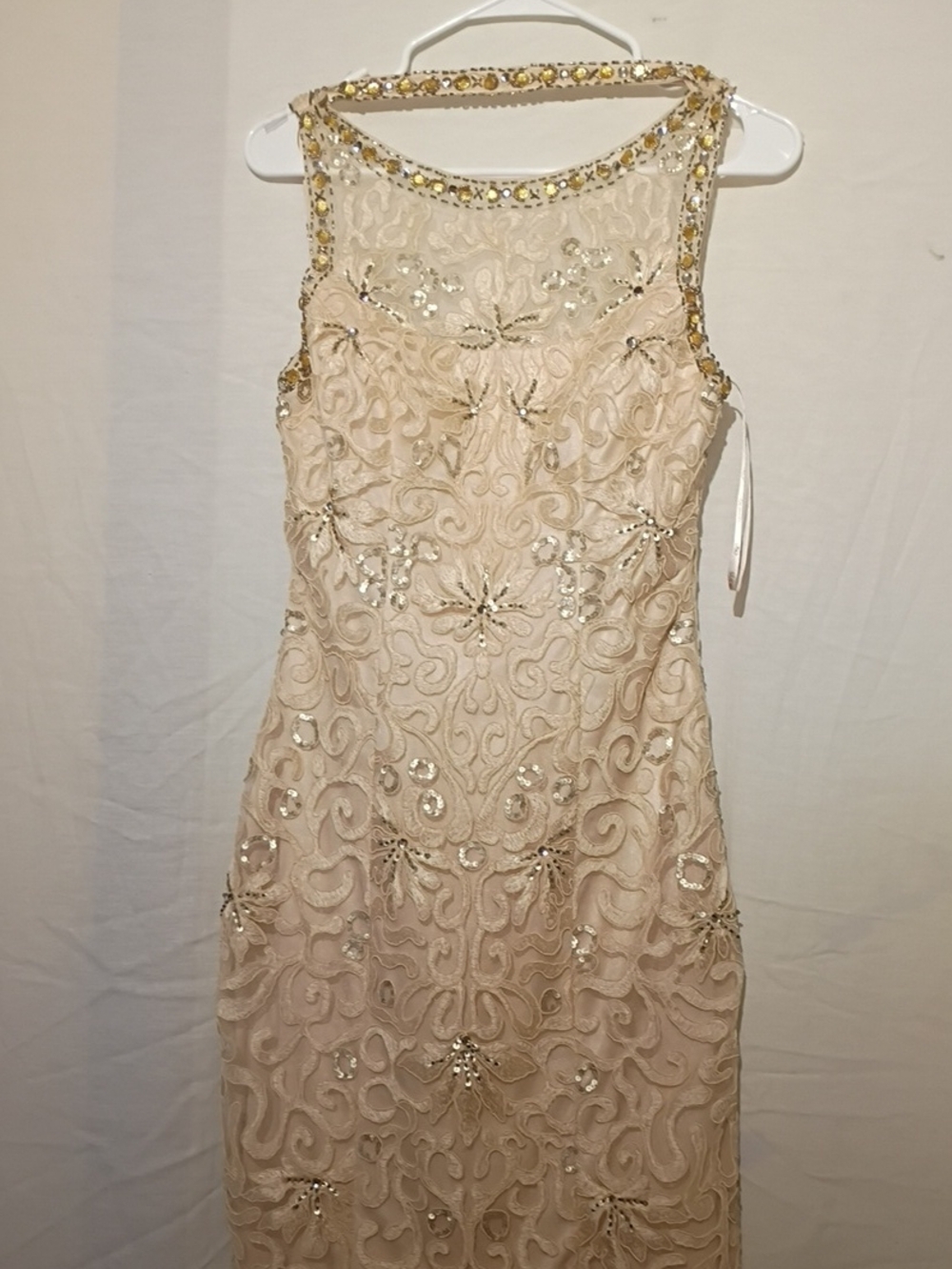 Sue Wong Ivory Lace Beaded Illusion Neck Midi Dress, Silver Sequins, Open Back